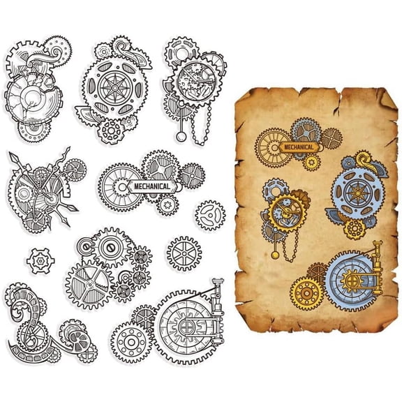 1sheet Mechanical Gears Clear Rubber Stamp Steampunk Vintage Transparent Silicone Seals Stamp for Journaling Card Making DIY Scrapbooking Handmade Photo Album Notebook Decor 6.3 x 4.3inch
