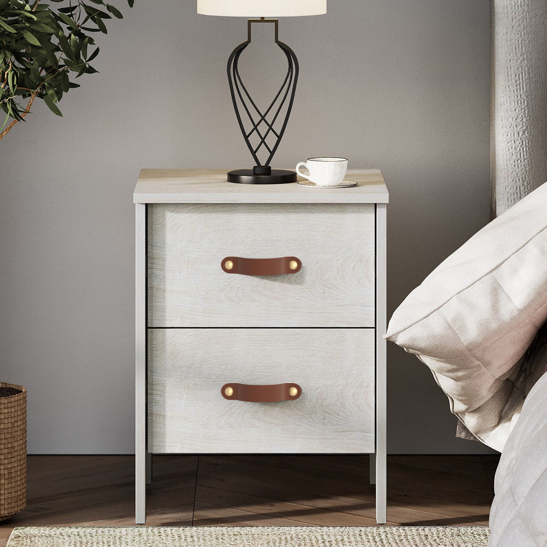 Wampat Set of 2 Side Tables for Living Room, Small End Table Wood Nightstand with 2 Drawers & Charging Station for Bedroom, Off White