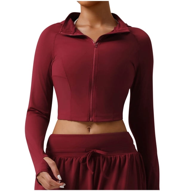 NTACZA Manteaux à Fermeture Éclair Complète pour Femmes Vestes Sport Raccourcies Rouges Manches Longues Légères Yoga Chandails à Capuchon Unis Veste pour Femmes P
