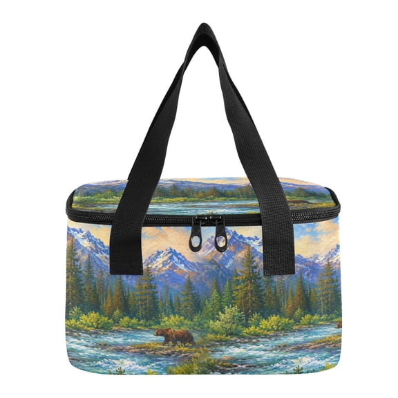 6L Insulated Lunch Bag Square Handheld Cooler Tote Mountain Bear Landscape Reusable Thermal Bag with Polyester & Aluminum Lining for Work Picnic Travel
