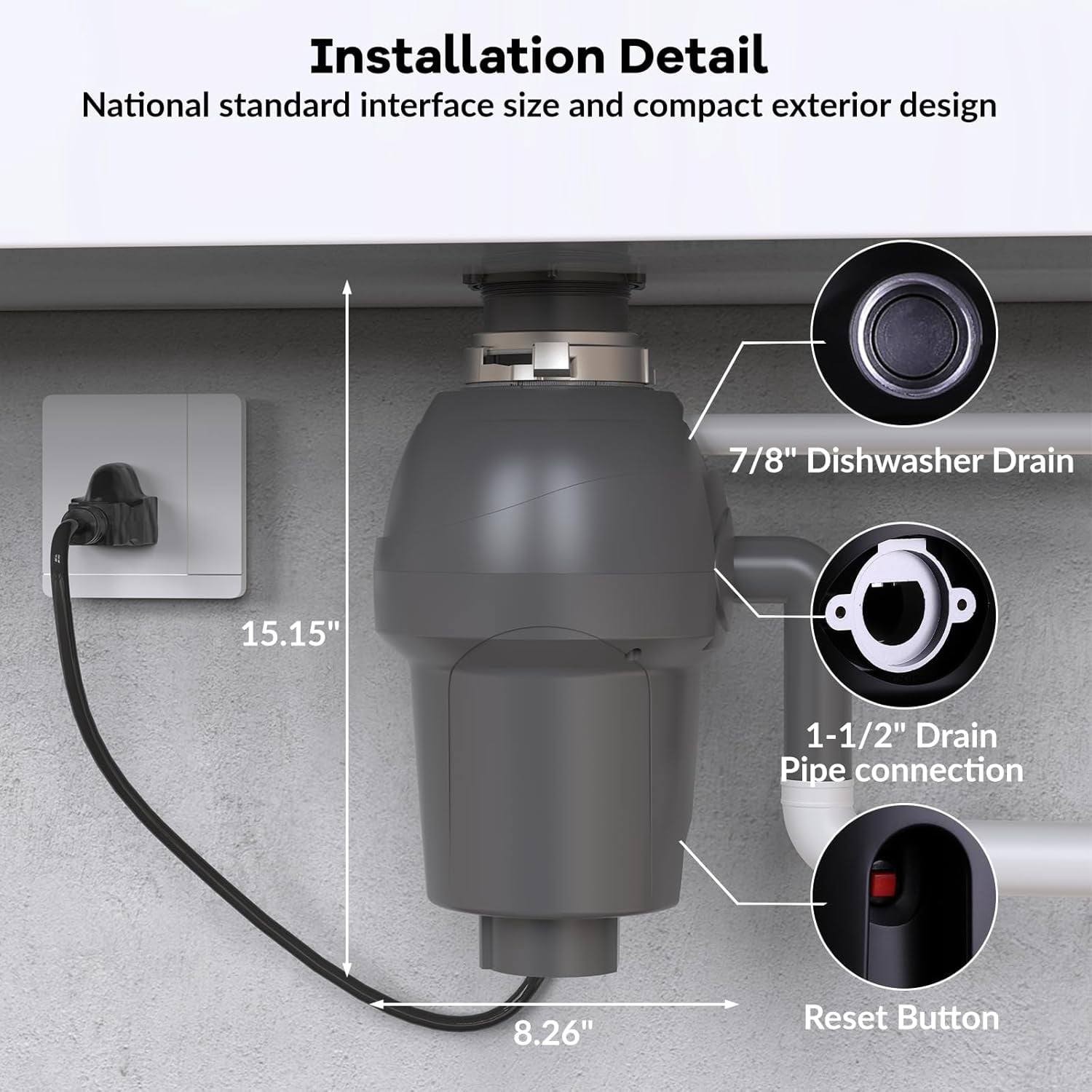 Home Kitchen Garbage Disposal 1 H P 1/2 H P 3/4 H P , Continuous Feed Food Waste Disposer with Air Switch & Flange Seal, Stainless Steel Garbage Disposer, Compact Food Waste Grinder for Kitchen Sink