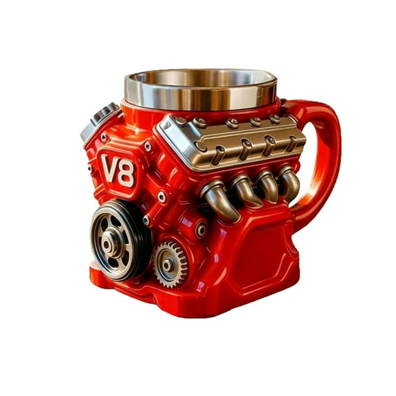 V8 Engine Coffee Mug, Engine Themed Stainless Steel Coffee Cup with Double Wall Insulation & Handle, Retro Engine Mug Gift for Mechanics, Car Lovers & Auto Enthusiasts