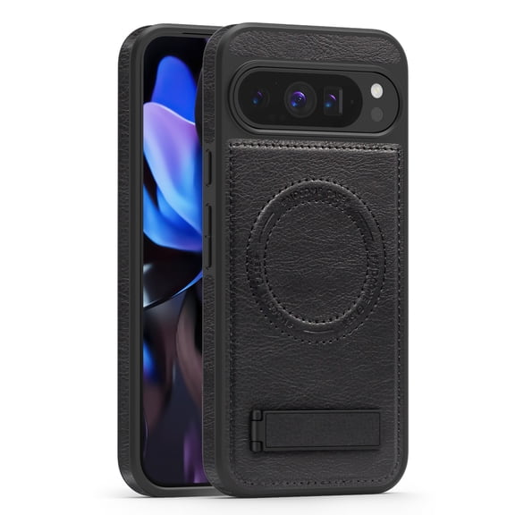 Magnetic for Google Pixel 9 Pro XL PU Leather Case, Compatible with Magsafe, Built-in Invisible Stand, Premium Ultra Slim Adjustable Kickstand Protective Phone Case for Google Pixel 9 Pro XL, Black