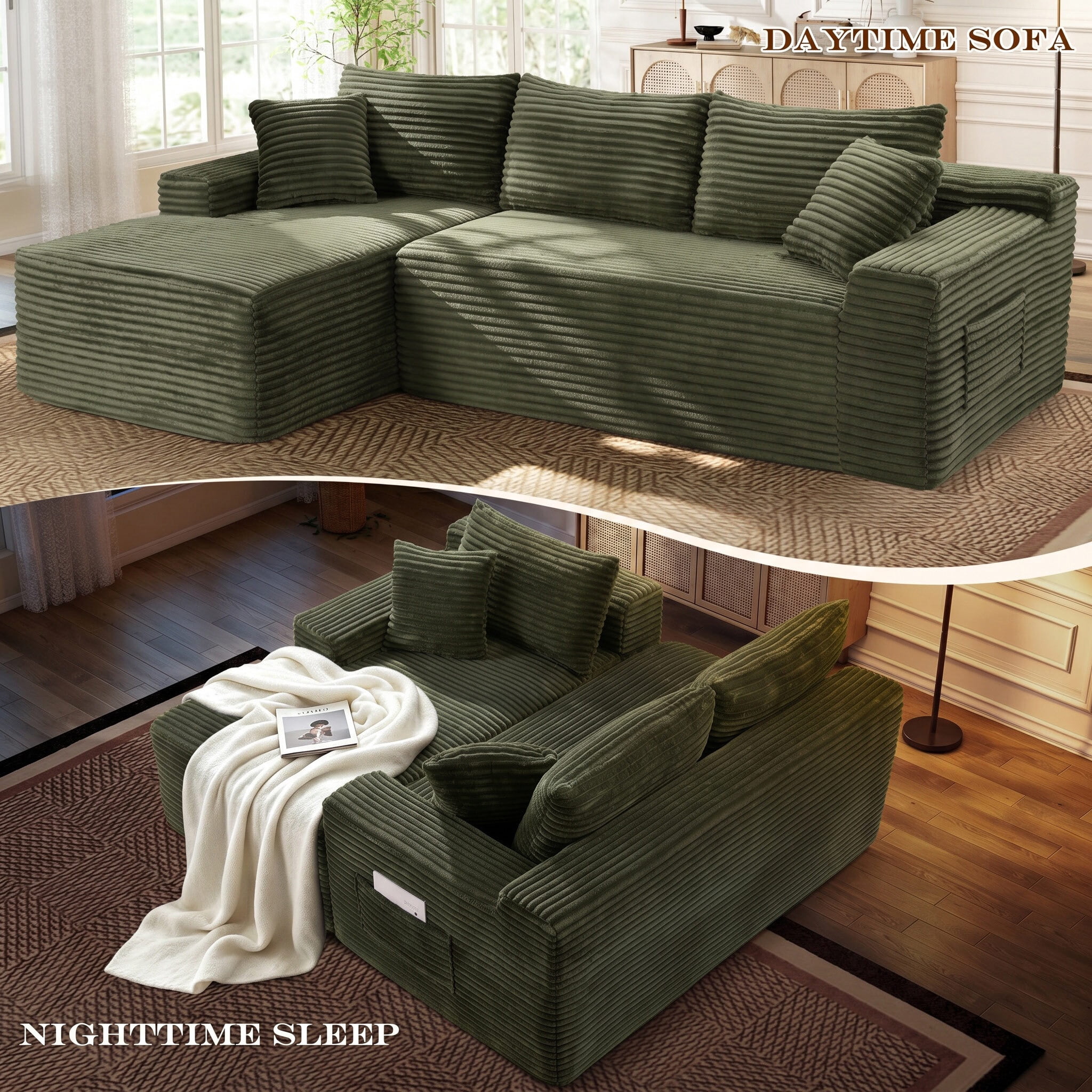 Lunale Small Modular Sectional Sofa with Movable Chaise, L-Shaped Boneless Cloud Couch for Living Room, Green (Left Facing Chaise)