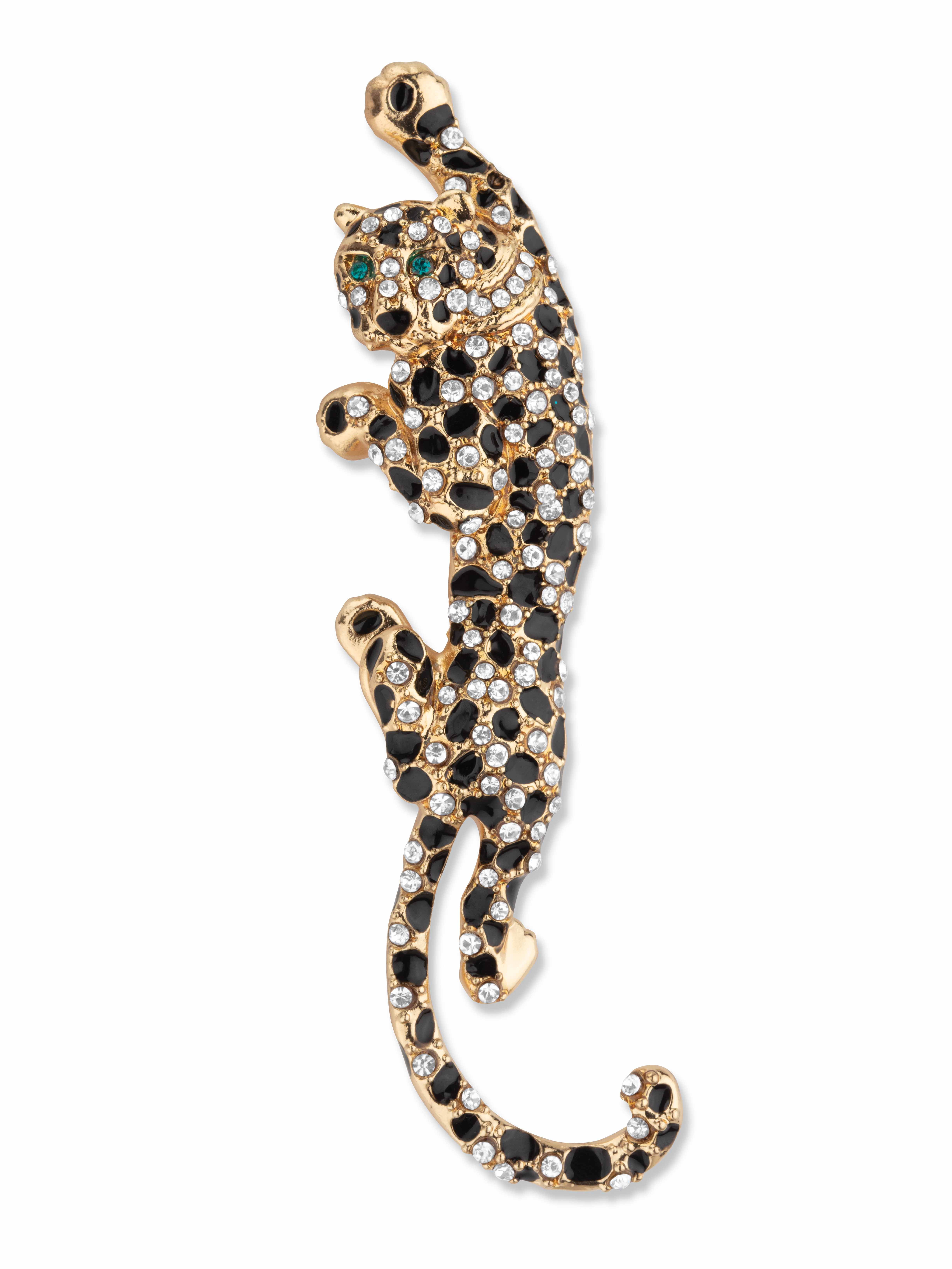 Black With White and Green Crystal Leopard Pin Goldtone 4' Length