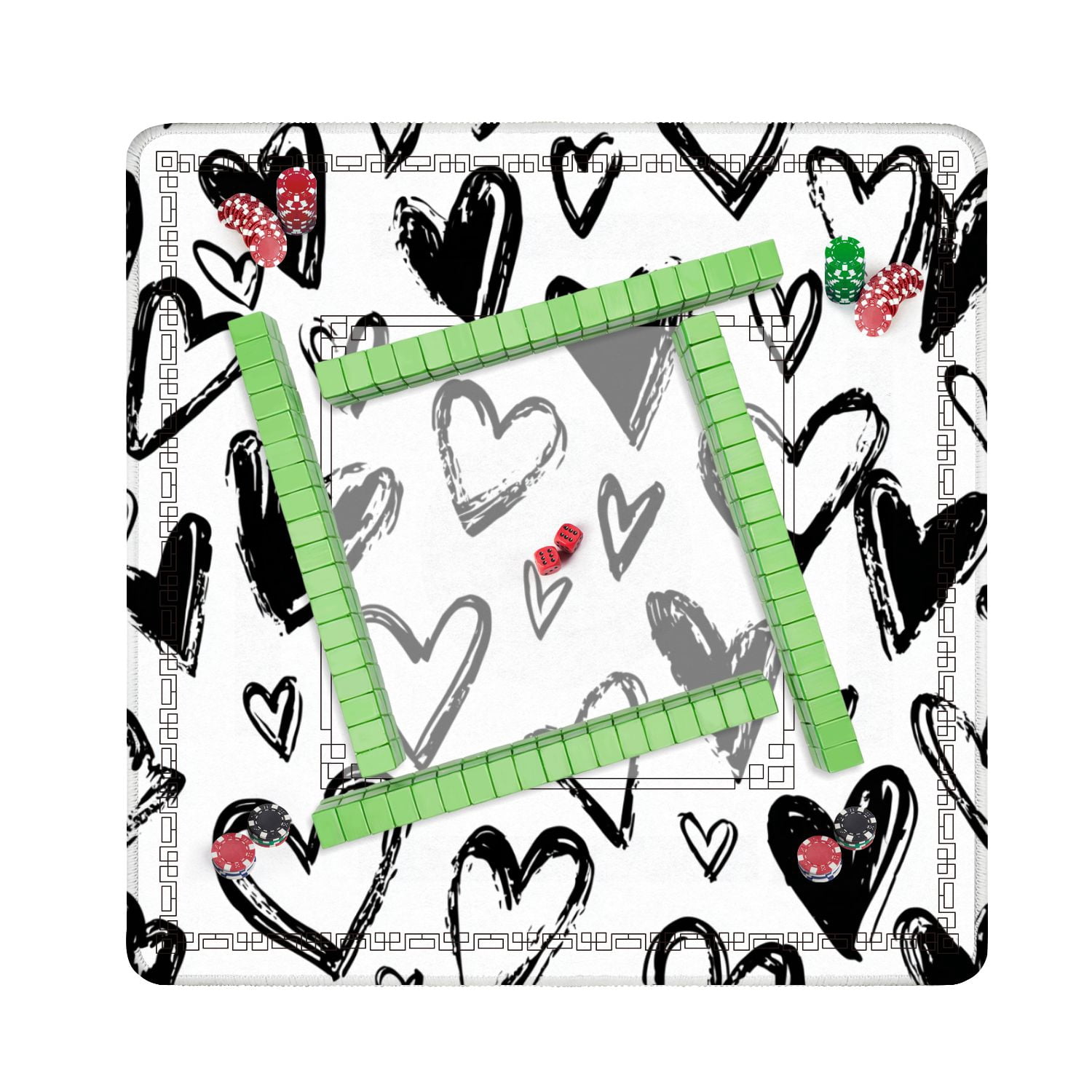 Mahjong Mat 31.5" x 31.5" Abstract seamless heart Ink Black white Non-Slip Noise Reduction American Mahjong Tiles Table Cover for Dominoes Poker Card Board Games Gift