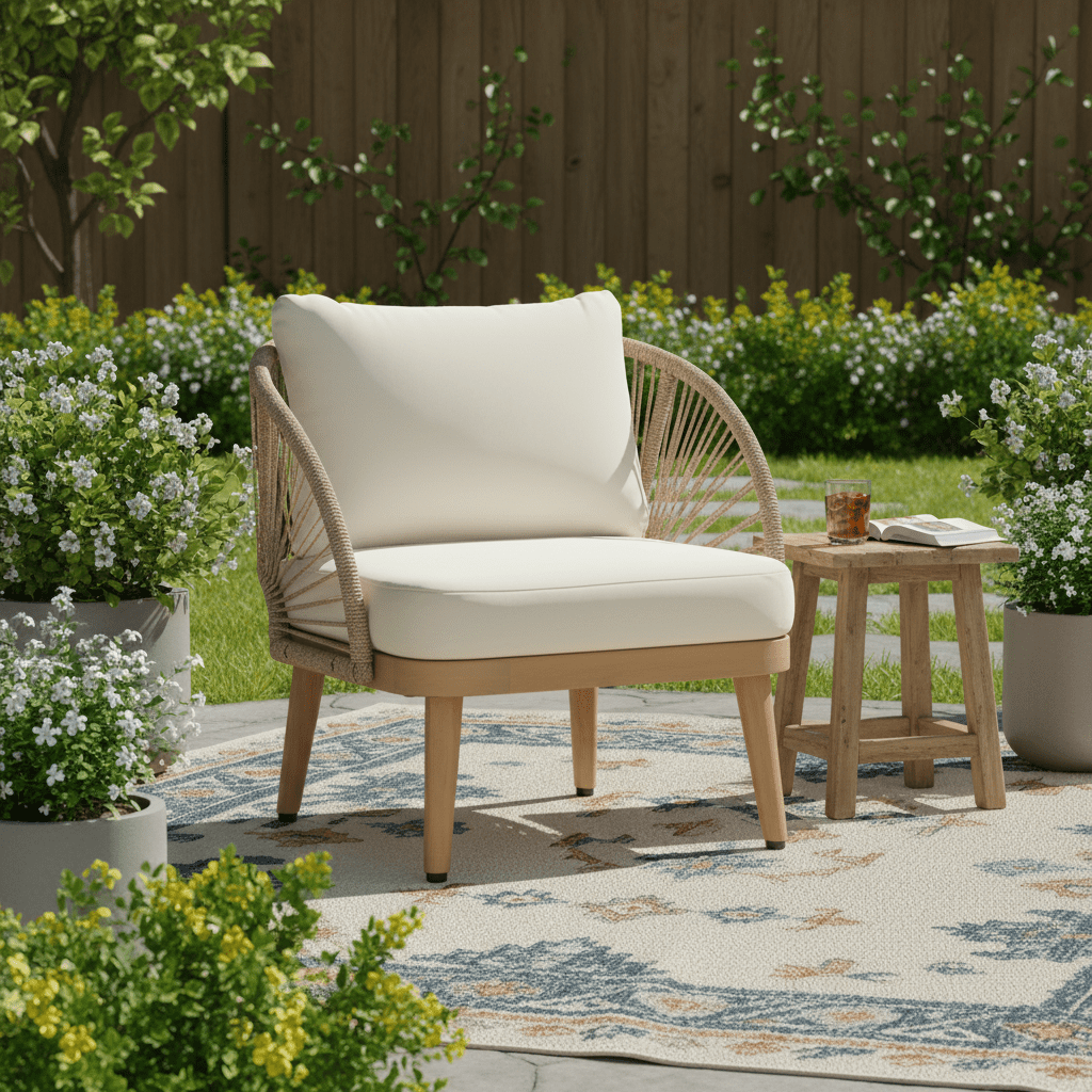 Tub Style Club Chair, Acacia Wood Outdoor Chair with Handwoven Rope Accents for Patio, Teak and Cream