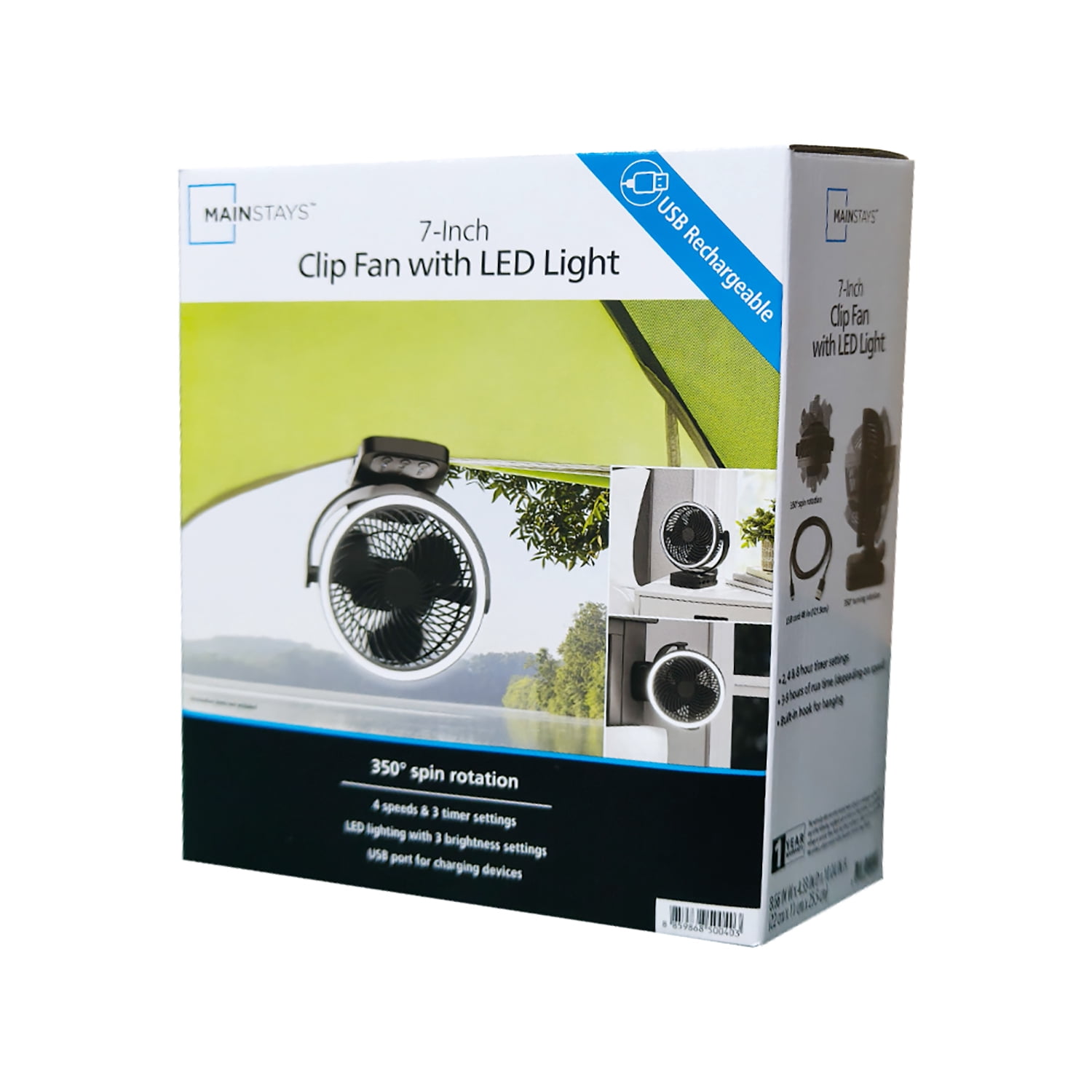 Mainstays 7" 4-speed USB Rechargeable Clip and Table Fan, LED Light and 8H Timer, Black, Model#FN1006