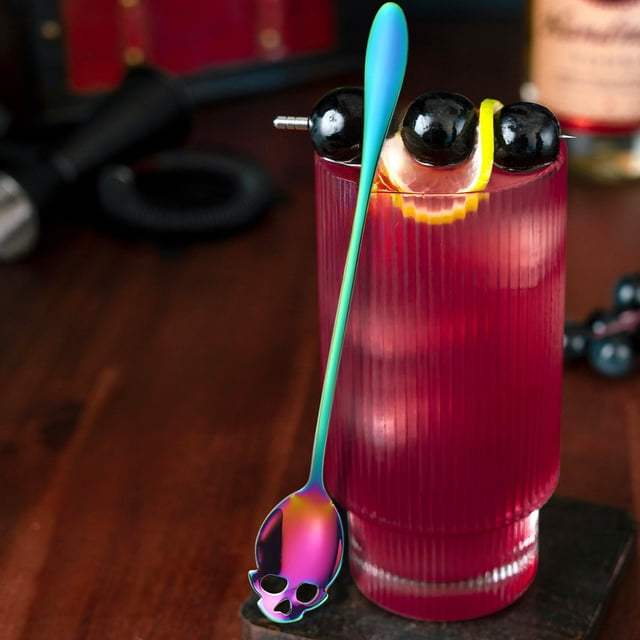 Cuchara de Acero Inoxidable con Forma de Calavera para Revolver En Halloween, Ideal para Cócteles, Café, Té con Leche y Helado. Disponible En Plata, Oro, Oro Rosa y Varios Colores. Mango de 19 Cm.
