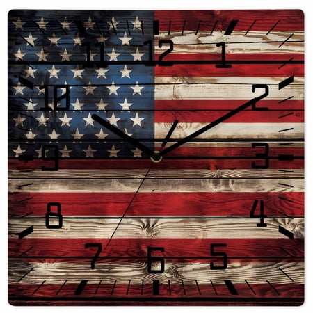 Retro American Flag Wooden Wall Clock Silent Non Ticking, Red Blue Flag Vintage Wooden Square Wall