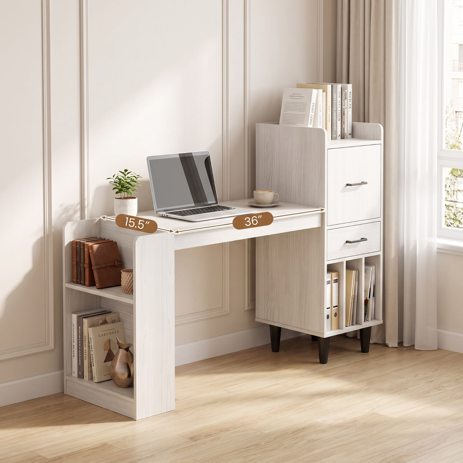 Furnibear 59 Inch Home Office Desk with Side Storage Shelves Drawer and Cabinets for Bedroom Study and Home Work, White Oak