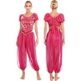 thumbnail image 6 of IEFIEL Womens Belly Dance Performance Costume Outfit Sparkly Sequins Lace-up Back Crop Top with Harem Pants Dancewear Hot Pink XL, 6 of 7
