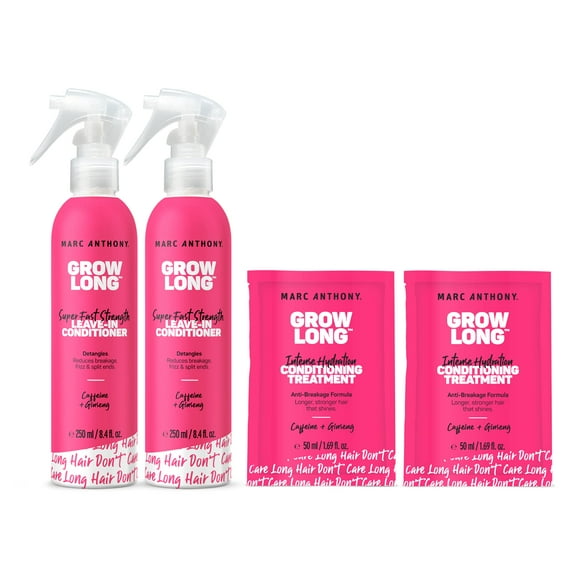 Marc Anthony Grow Long Hair Treatment Bundle - 2 Leave In Conditioner Sprays & 2 Travel Hair Mask - Anti-Frizz, Anti-Breakage & Nourishing Formula For Split Ends, & Hair Growth for Dry & Damaged Hair