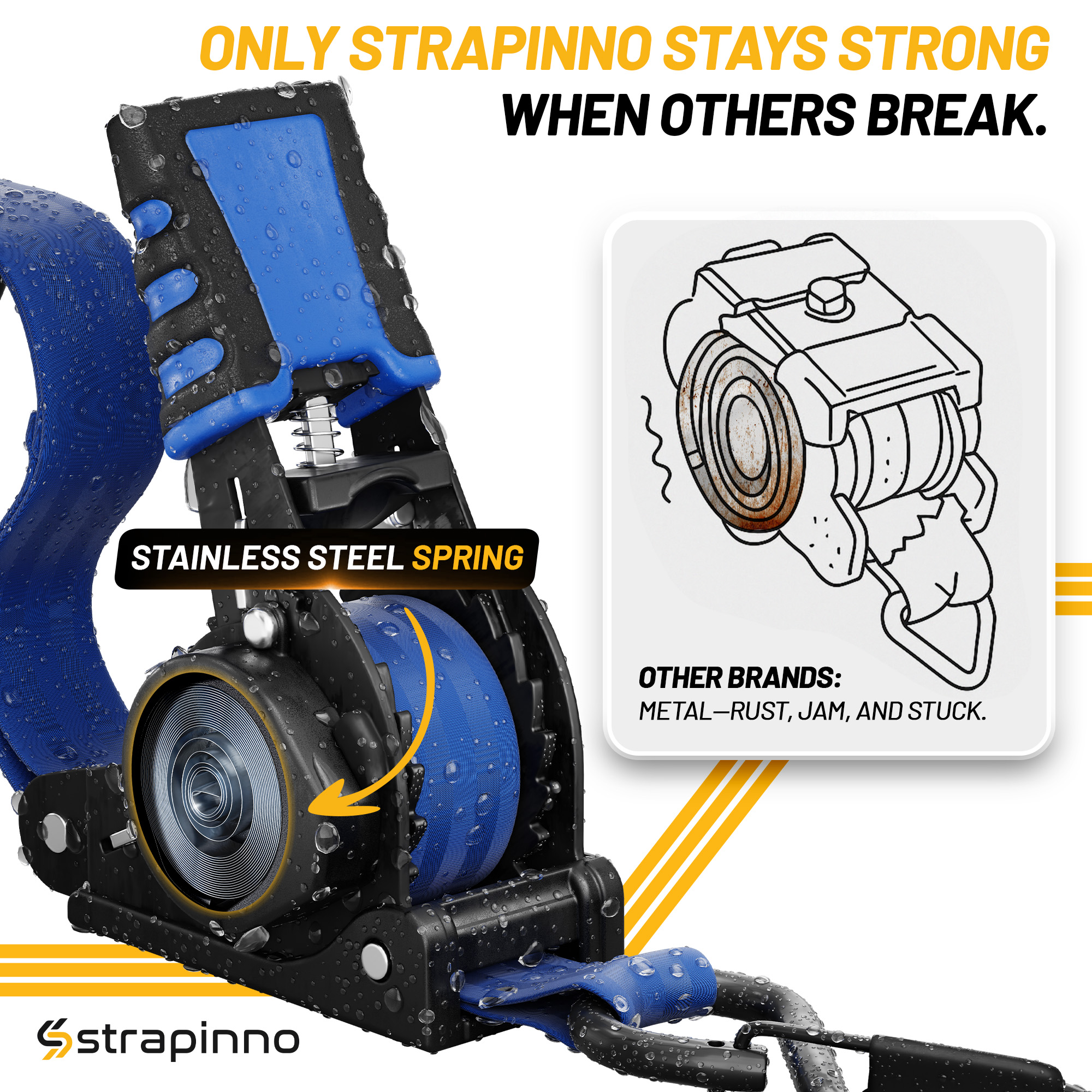 Strapinno Retractable Ratchet Straps 1 in x10ft, with Rubber-Coated Handles, S-Hooks, Secure Cargo Tie-Downs for Motorcycles, Bikes & Daily Use, Breaking Strength -1,500LBS/680KG (4 PK, Blue)