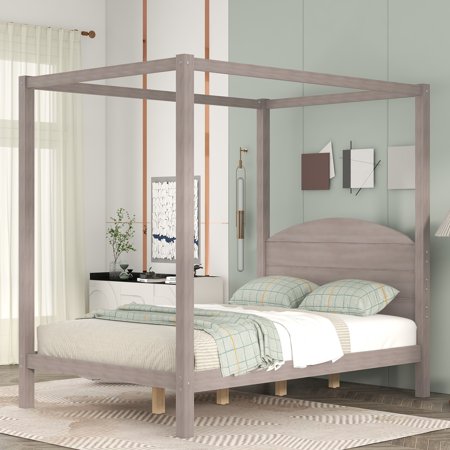 EUROCO Wood Full Size Canopy Bed  Solid Wood Platform Bed with Headboard for Kids Bedroom  Grey