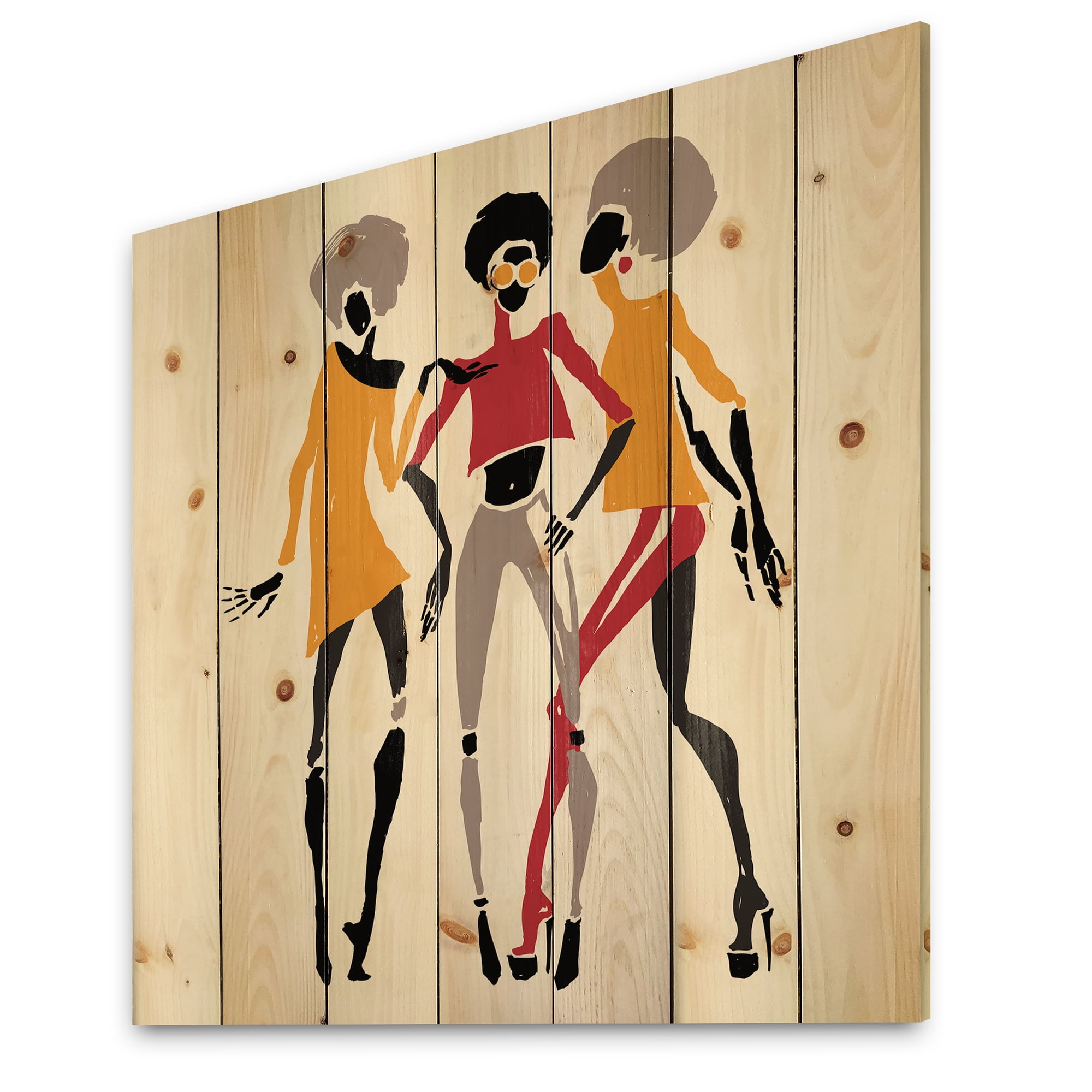 Designart 'African American Women Silhouettes Red and Yellow II' Modern Print on Natural Pine Wood