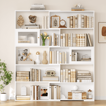 Homfa 73.8” Tall Bookshelf with Glass Door, 5 Tier Reversible Corner Bookcase with Storage for Living Room Home Office Study, White