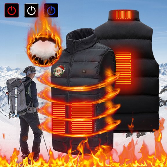 ZRGHAOYLQ Heated Jackets for Women Men Winter Outdoor Work Outerwear Electric Heating Jacket Hiking Coat USB Thermal Warm Charging Heated Coat Christmas Santa Claus Print Vest with 4 Heating Zones