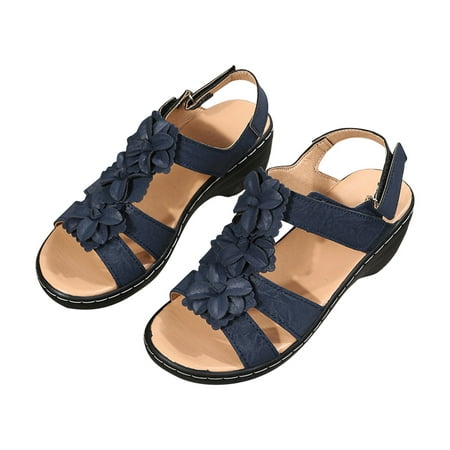 

Deals of The Day Women Open Toe Sandals Open Sandals Summer Beach Shoe Bohemian Style Floral Wedge Slippers Casual Roman Shoes Dark Blue 4.5