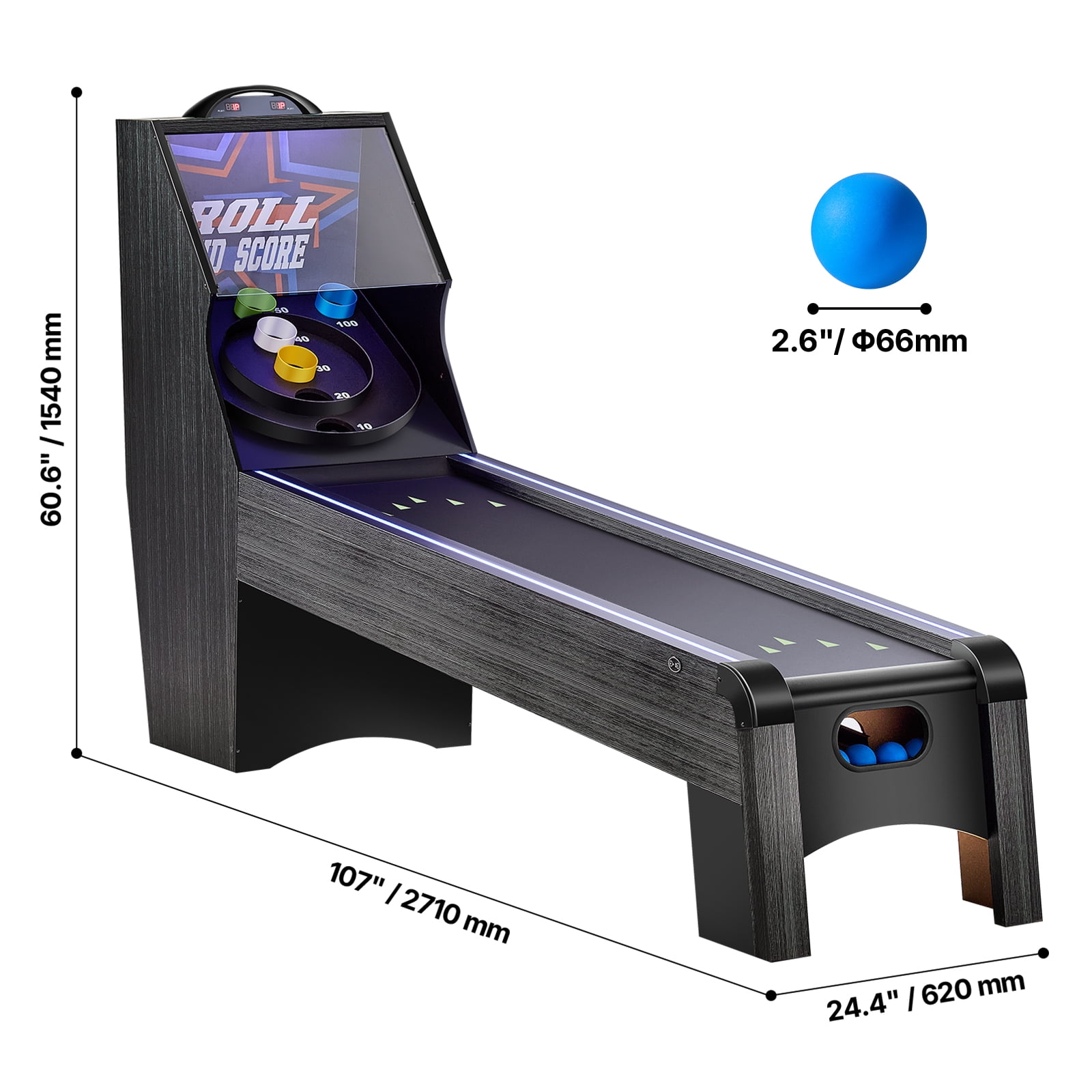 VEVOR 9' Roll and Score Classic Arcade Game Table, with LED Electronic Scorer & Track Lighting,Sound, Automatic Ball Return,Adults Kids Home Recreation Game Room,4 Balls Included