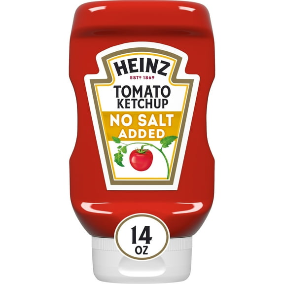 (2 Pack) Heinz No Salt Added Inverted Bottle Tomato Ketchup, 14 oz Bottle