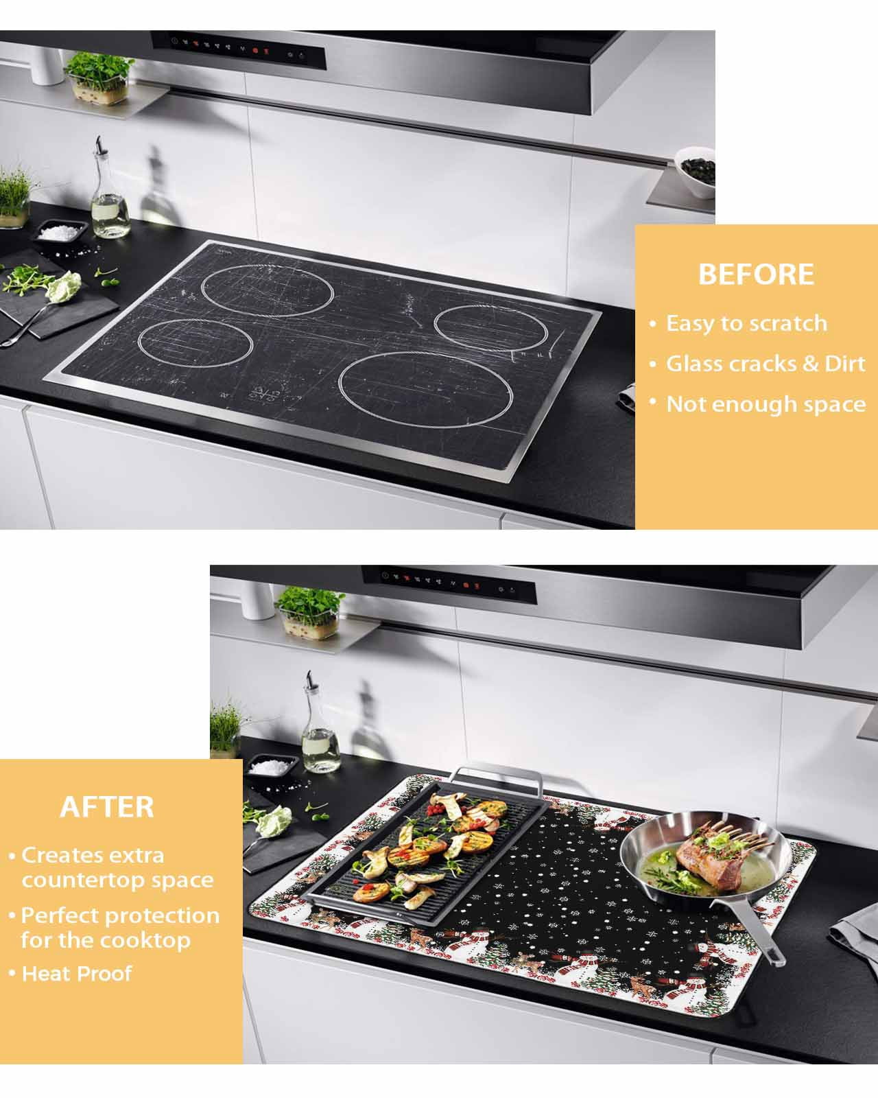 Large Induction Cooktop Protector Mat Black Christmas Stove Top Covers for Electric Stove, Cute Snowman Elk Xmas Tree Winter Snowflakes Decorative Stove Burner Cover Mats, Glass Top Stove Cover