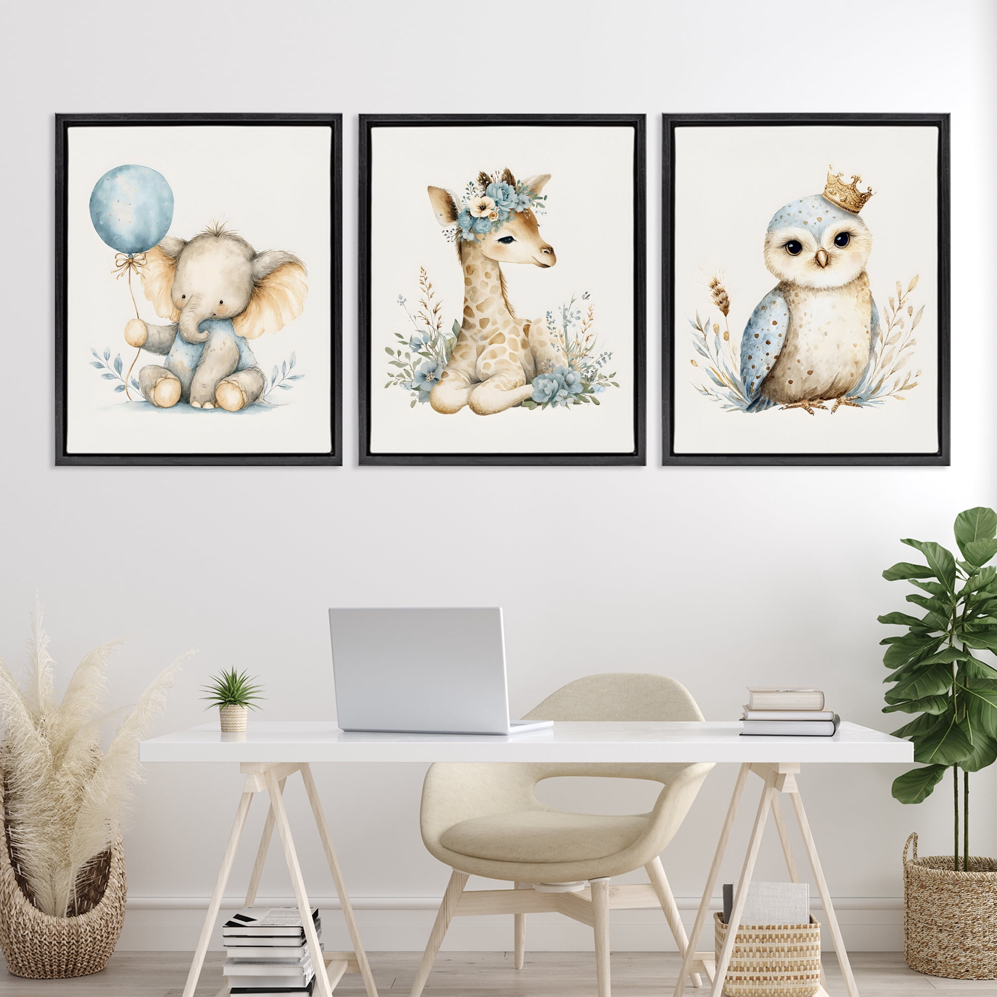 Stupell Industries Watercolor Nursery Animals 3 Piece Black Framed Floater Canvas Set, design by LSR Design Studio