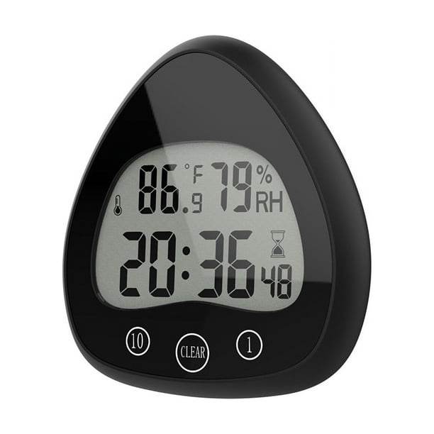 Reloj de baño, alarma digital LCD con pantalla táctil impermeable, temporizador impermeable, termómetro, reloj de pantalla portátil con ventosa para cocinar, color negro