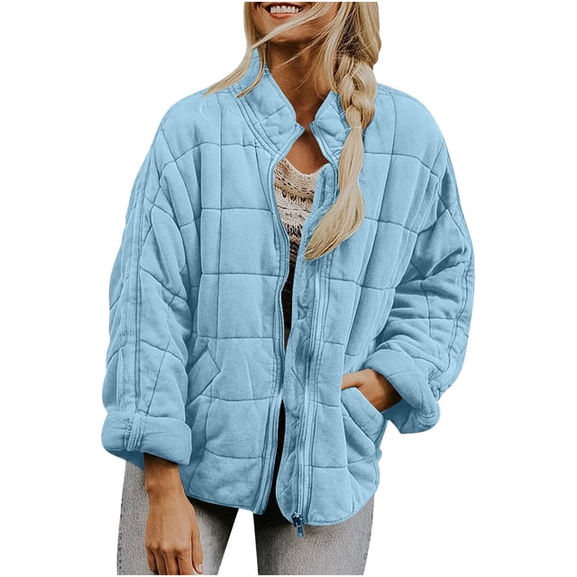 Fall/Winter Saving! srobpty Women's Long Sleeve Puffer Jacket, Women's Fall/winter Long Sleeve Solid Color Standing Collar Jacket Jacket Long Sleeve Jacket Sky Blue, S