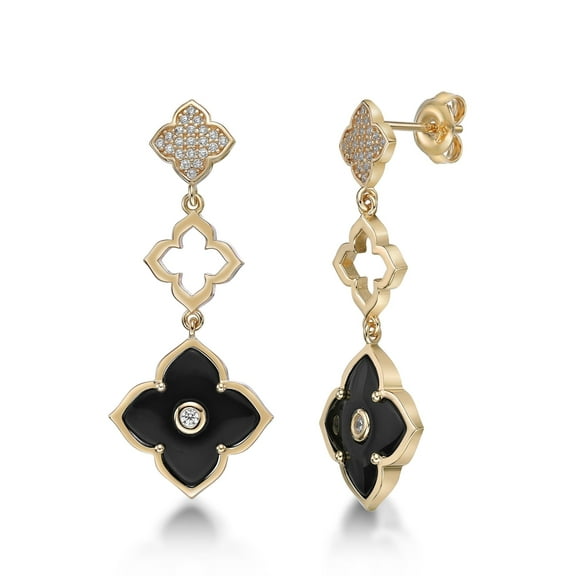 Yellow Gold Plated 925 Sterling Silver Flower Dangling Earrings With Black Onyx