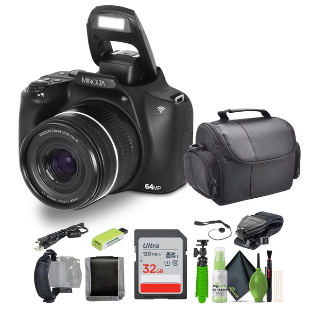 cámara digital minolta mnb10z 64mp 10x zoom óptico 4k cuerpo réflex negro con lente zoom frontal, flash emergente desplegado y símbolo Wi‑Fi; paquete con funda de transporte negra, tarjeta SD 32GB, correa de mano, mini trípode y kit de limpieza.