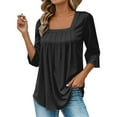 thumbnail image 5 of yunLCZ Casual Tops Discounted A Vintage Solid Color T Shirt With A Square Neck For Ladies A Casual Pleated Loose And Flowing Three Quarter Sleeve Top workout form-fitting T-shirts women, 5 of 7