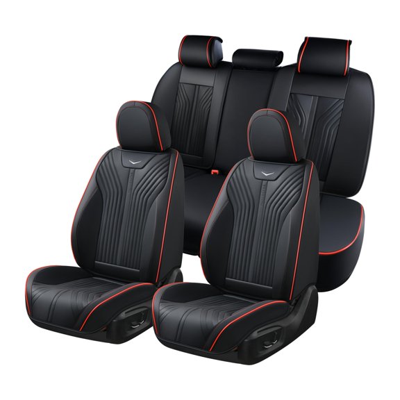 FLORICH Universal Fit Full Set Car Seat Cover for Most Cars Trucks SUV, Comfortable Luxury Leather Automotive Seat Covers - Breathable Waterproof, Black & Red Line