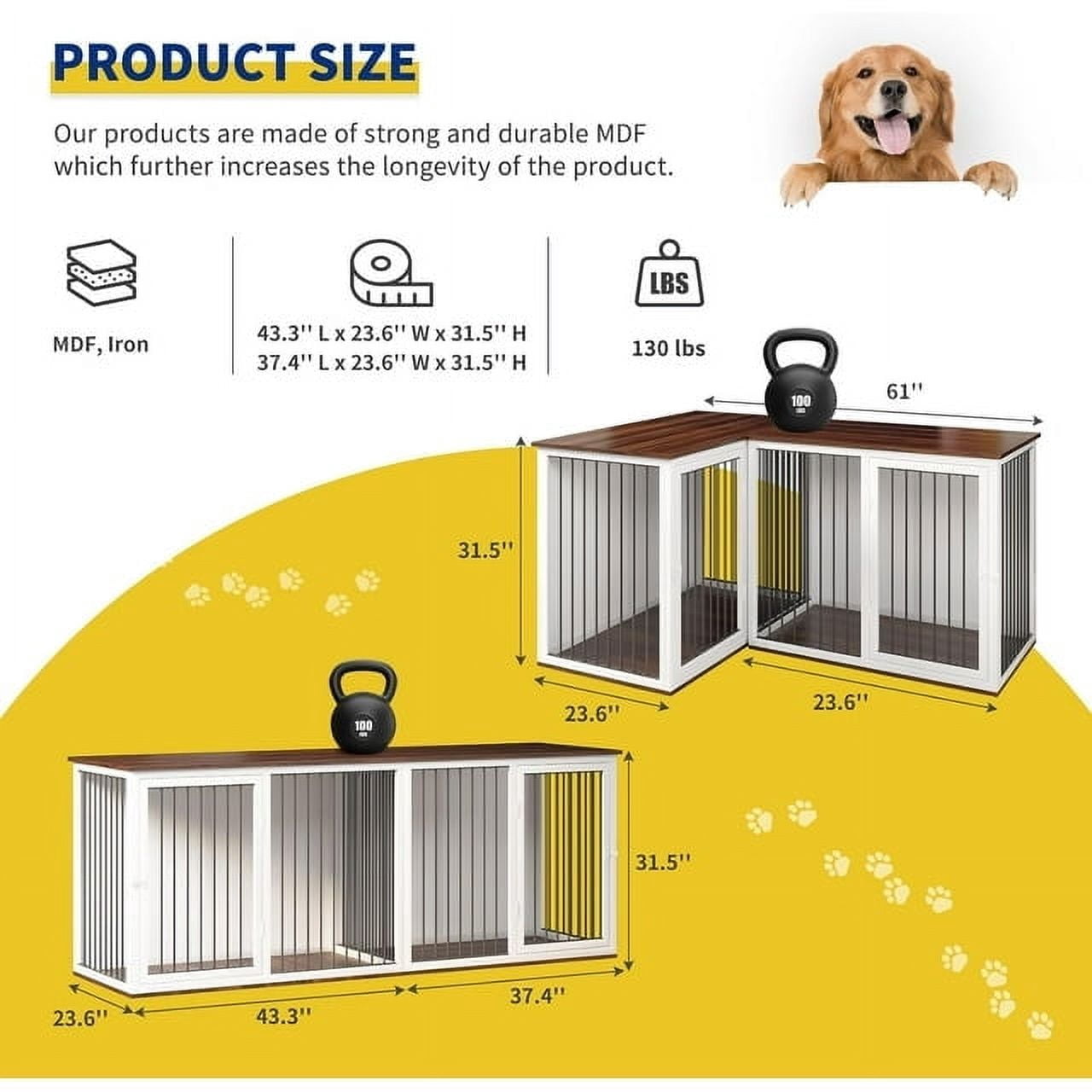 Large Dog Crate Furniture for 2 Dogs, Linor Large Dog Kennel Furniture with Divider, Double Doors, Wooden Double Dog Crate, 80.7 x 23.6 x 31.4 inches (White)