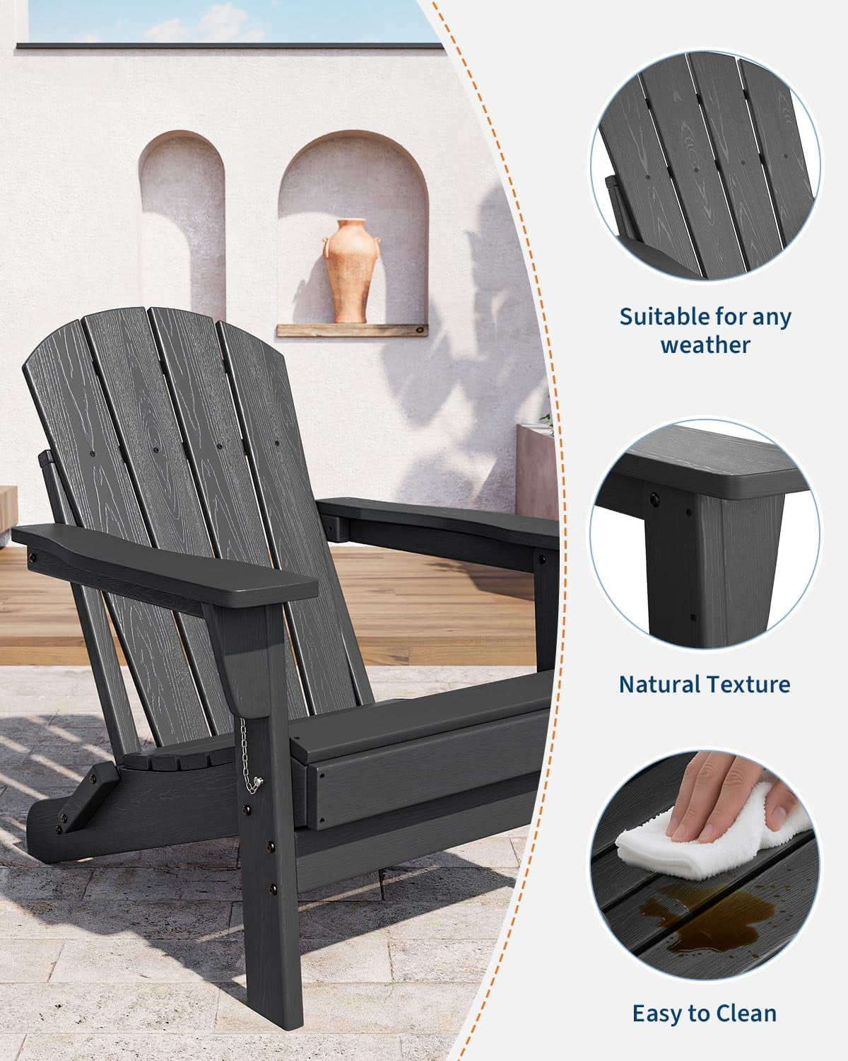 Folding Adirondack Chairs Set of 2, HDPE Plastic Outdoor Chairs with Wood Texture 380 LBS & Weather Resistant for Fire Pit, Deck, Patio, Pool, Backyard Black