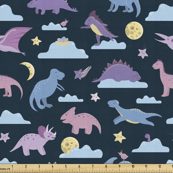 Cartoon Fabric by the Yard, Dino Tyrannosaurus Dragons at Night Sky Moon Shooting Stars Repetition, Decorative Upholstery Fabric for Chairs & Home Accents, Multicolor by Ambesonne