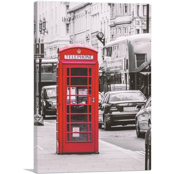 ARTCANVAS London England Red Telephone Kiosk Rectangle Canvas Art Print - Size: 26" x 18" (0.75" Deep)