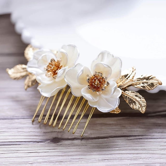 Peineta para el pelo de novia con flores, hoja dorada, accesorios para el cabello florales para mujeres y niñas (dorado)