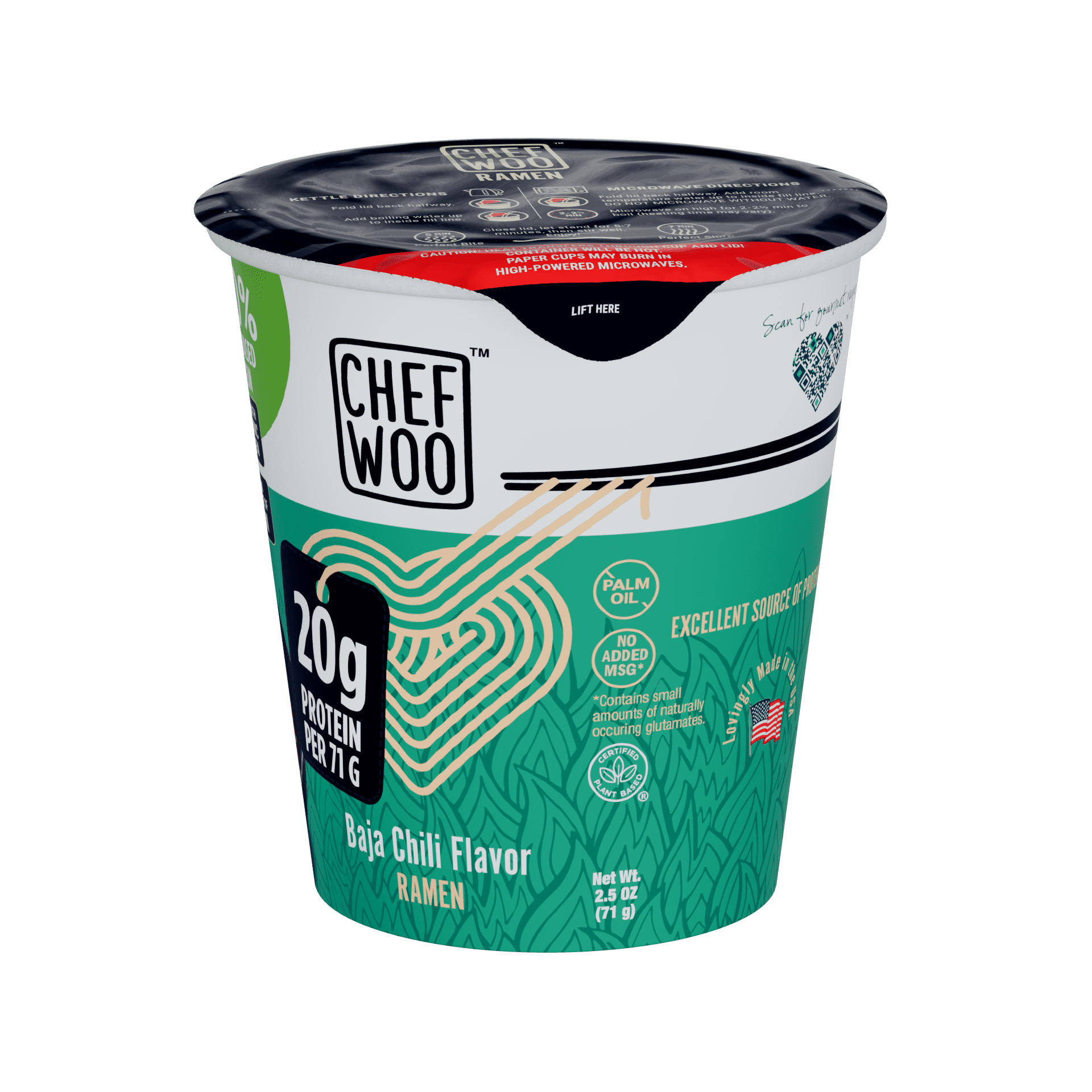 (6 pack) CHEF WOO Baja Chili Ramen, High Protein Noodles, 20g of Animal-free, Bioavailable Protein, 2.5 oz Cup