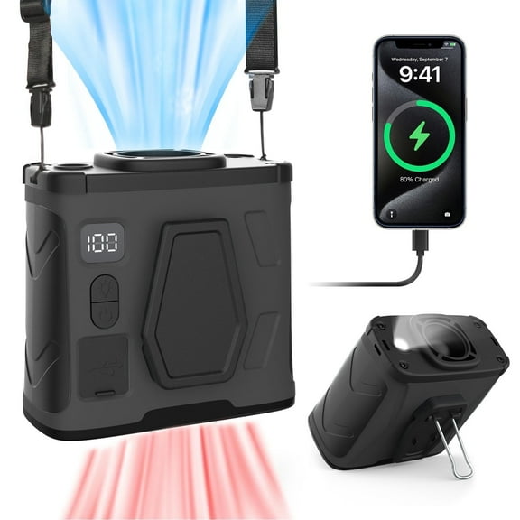 Crenova 10000mAh Rechargeable Clip-On Waist Fan - 30H Cooling, 5 Speeds, Wearable Hands-Free Fan & Power Bank for Outdoor/Indoor Use (Black)