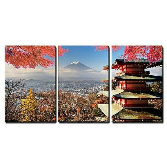wall26 - 3 Piece Canvas Wall Art - Mt. Fuji with Fall Colors in Japan for Adv or Others Purpose Use - Modern Home Art Stretched and Framed Ready to Hang - 16"x24"x3 Panels