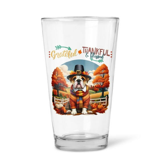 Thanksgiving Bulldog Pilgrim Grateful, Thankful, Blessed Fall Welcome 16oz Pint Beer Glass Mug Dog Lover Gifts Idea Beer Glasses Cup - 00021