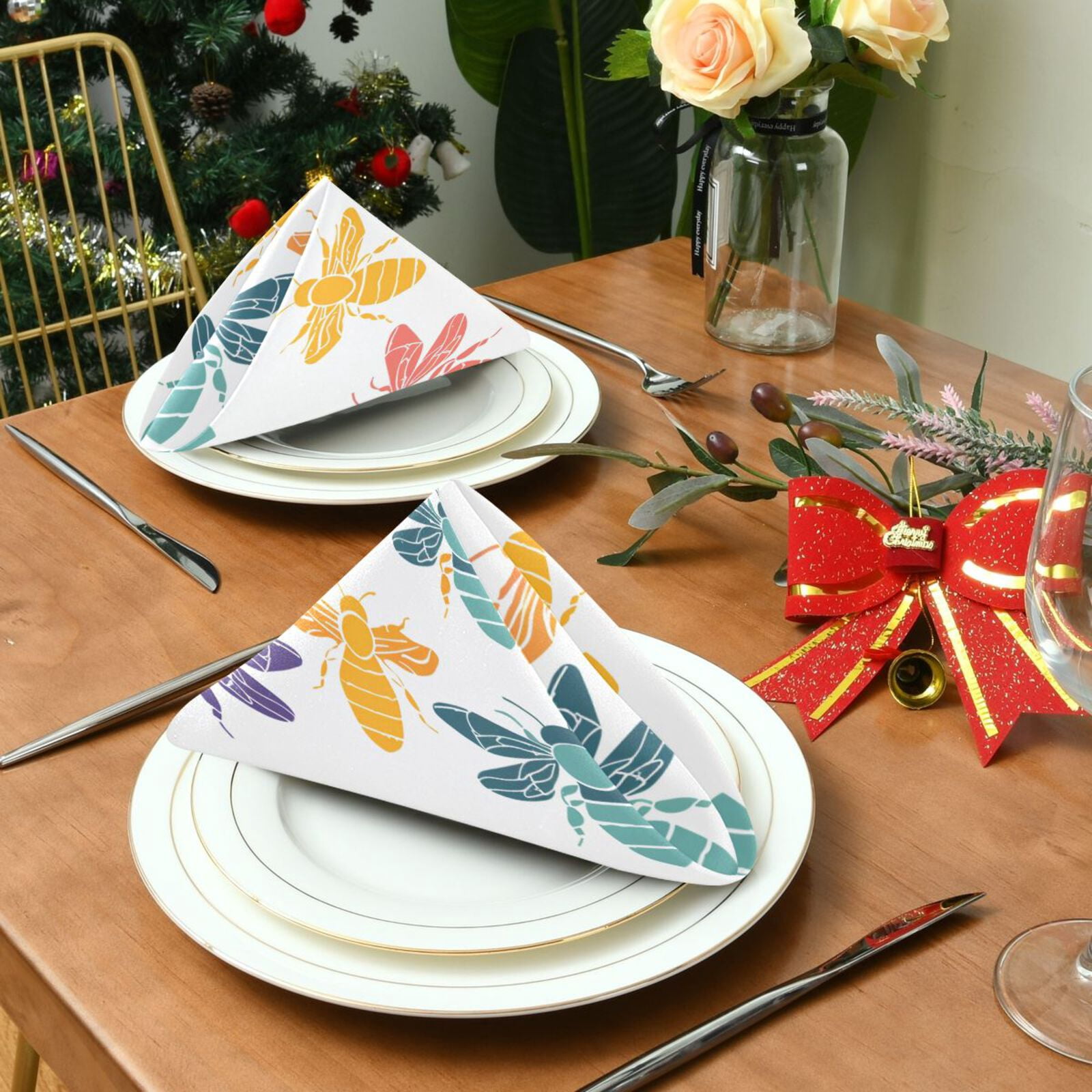 JSTEL Colorful Bee Print Cloth Napkins Set of 6, 20x20 Inch Washable and Reusable Napkin for Decoupage Dinner Party Everyday Use
