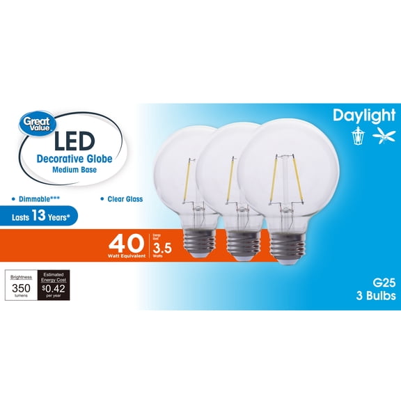 Great Value G25 LED Light Bulb, 3.5-Watt (40W Equivalent) Daylight White Dimmable E26 Base, 3-Pack (Title 20)