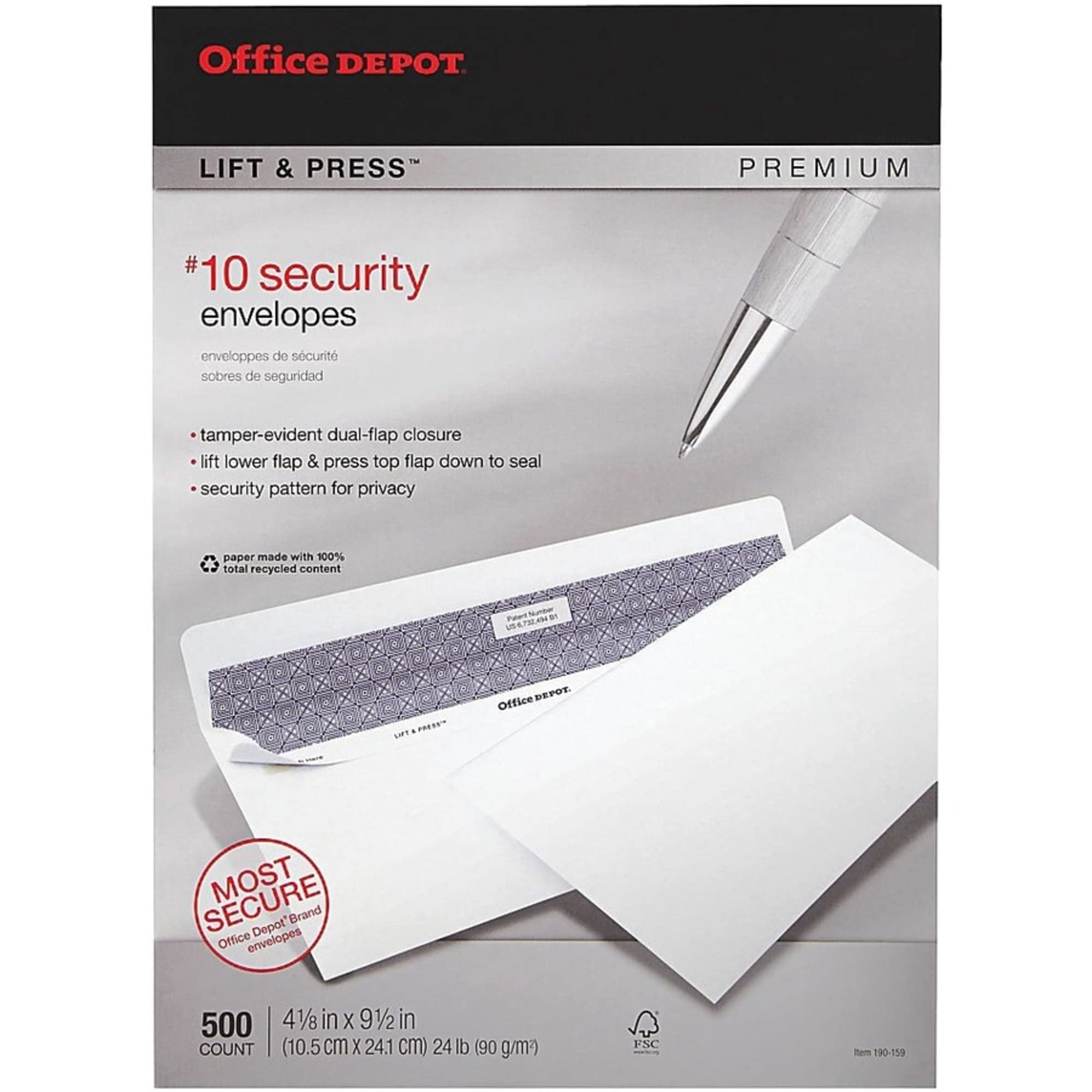 Office Depot Lift  Press(TM) Premium Envelopes, #10 (4 1/8in. x 9 1/2in.), 100% Recycled, White, Pack Of 500, 76145