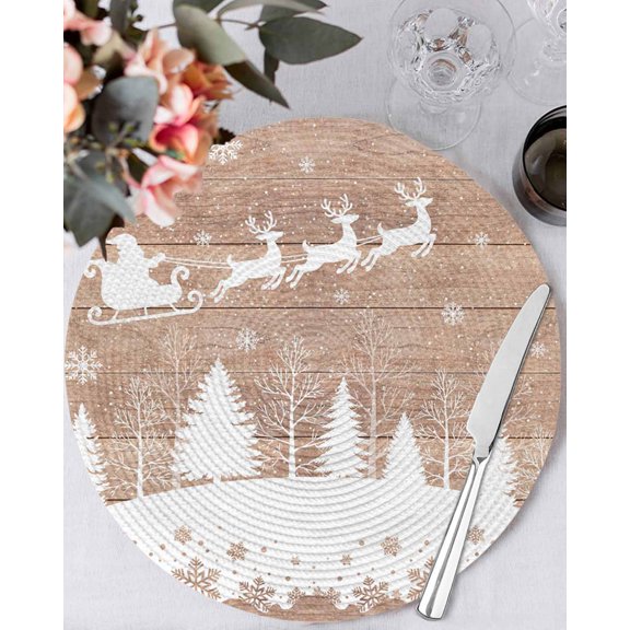 15 Inch Round Placemats Set of 6, Vintage Christmas Non Slip Heat Insulation PP Table Mats, Xmas Elk Tree Snowflake Forest Washable Place Mats for Kitchen Dining Party Table Decor