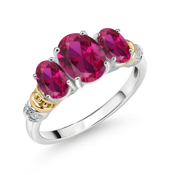 Gem Stone King 925 Sterling Silver and 10K Yellow Gold Oval Red Created Ruby and White Diamond 3 Stone Ring for Women (2.38 Cttw, Gemstone July Birthstone, Size 9)