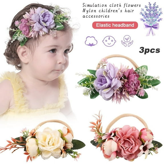 LNKOO 3 Pack Baby Girl Nylon Headbands Infant Flower Elastic Hair Band Bows Wraps---Super Soft & Stretchy Nylon Floral Hairbands For Newborn Infant Toddlers Kids Hair Accessories