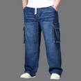 thumbnail image 4 of LIBRCLO Big and Tall Jeans for Men Straigh Leg Casual Cargo Denim Pants with Pockets Drawstring Related Fit Jeans Size 3XL, 4 of 8