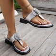 thumbnail image 4 of Rokment Women's Sparkly Rhinestones Flower Dress Slides Sandals Classic Fashion Casual Leather Square Toe Flip Flops Flat Comfortable Chunky Low Heel Walking Dressy Slip on Silver Size 6.5, 4 of 6